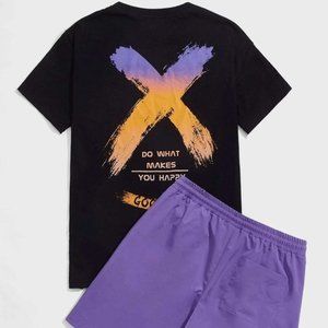 Casual Summer Style Black Men's Tee And Shorts Set